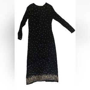 Indies Black & Gold Size 3 Maxi Dress Boho Chic Sheer Long Sleeves Slit In Back